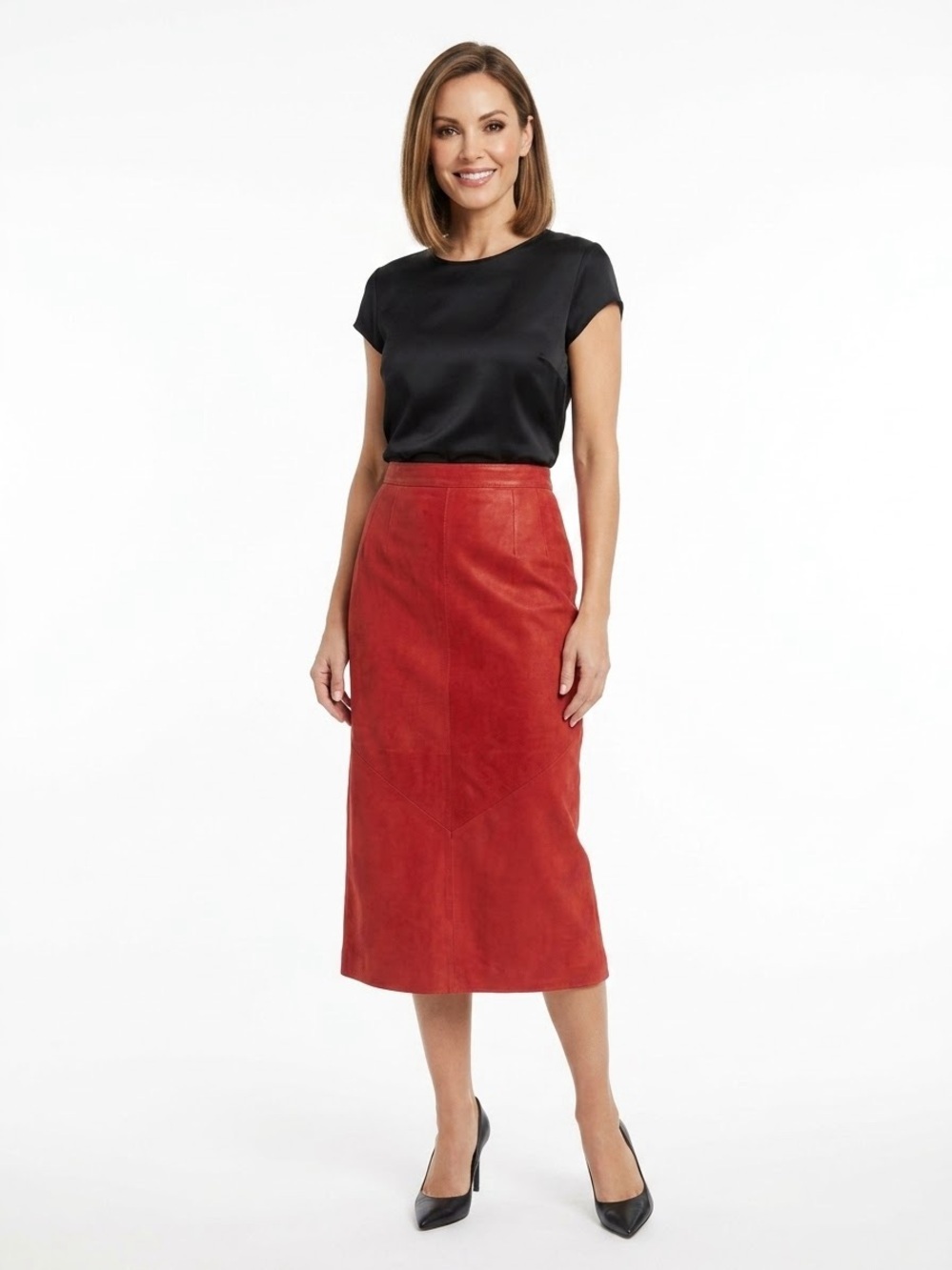 Vakko Red Genuine Suede Midi Pencil Skirt Size 6 Made in USA